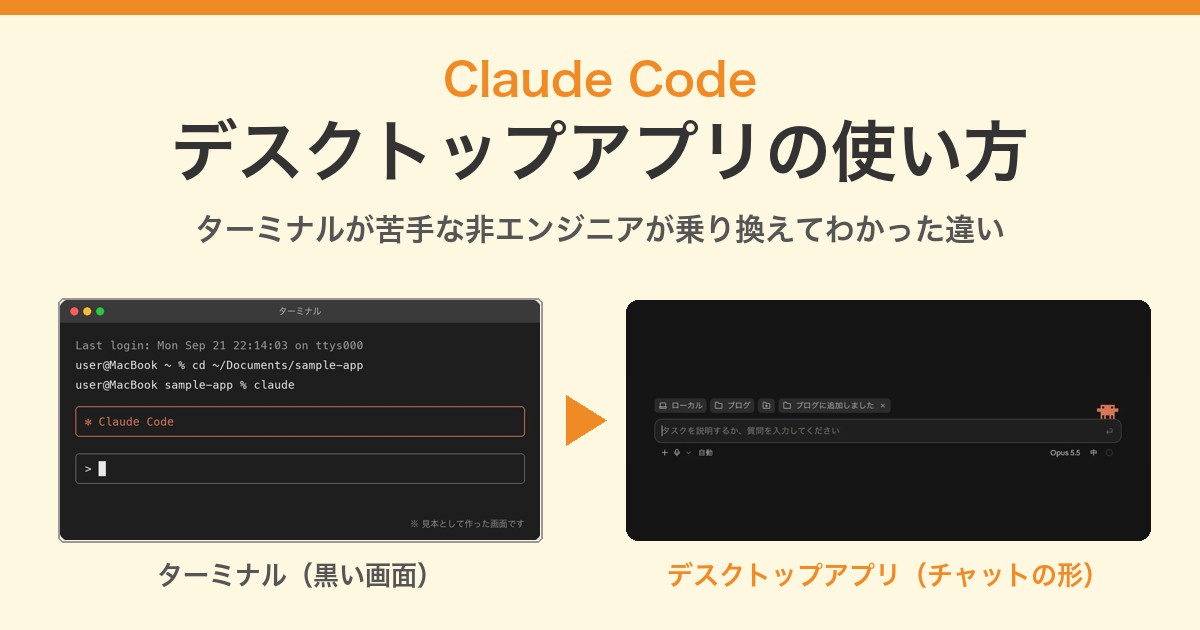 Claude Codeデスクトップアプリの使い方。ターミナルの黒い画面と、デスクトップアプリの入力欄を並べた画像